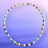 White Glass Pearl Glass, Multicolor Glass & Gold Beaded Necklace - 18”