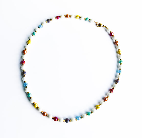 White Glass Pearl Glass, Multicolor Glass & Gold Beaded Necklace - 18”