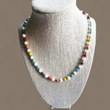 White Glass Pearl Glass, Multicolor Glass & Gold Beaded Necklace - 18”