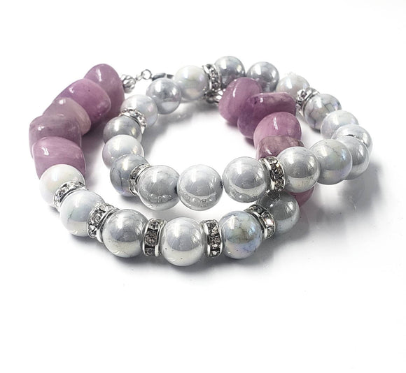 Amethyst and Gray Beaded Stretch & Adjustable Bracelet Set