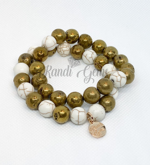 White Howlite & Gold Druzy Beaded Bracelet Set