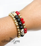 Natural Dalmation Jasper Stone Stretch Beaded Bracelet Set, Red, Black and Gold Plated