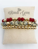 Natural Dalmation Jasper Stone Stretch Beaded Bracelet Set, Red, Black and Gold Plated