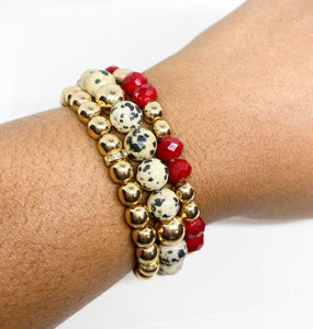 Natural Dalmation Jasper Stone Stretch Beaded Bracelet Set, Red, Black and Gold Plated