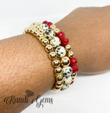 Natural Dalmation Jasper Stone Stretch Beaded Bracelet Set, Red, Black and Gold Plated