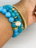 Blue Chalcedony & Black Agate Gemstones, Gold Stretch Beaded Bracelet Set -  6 piece