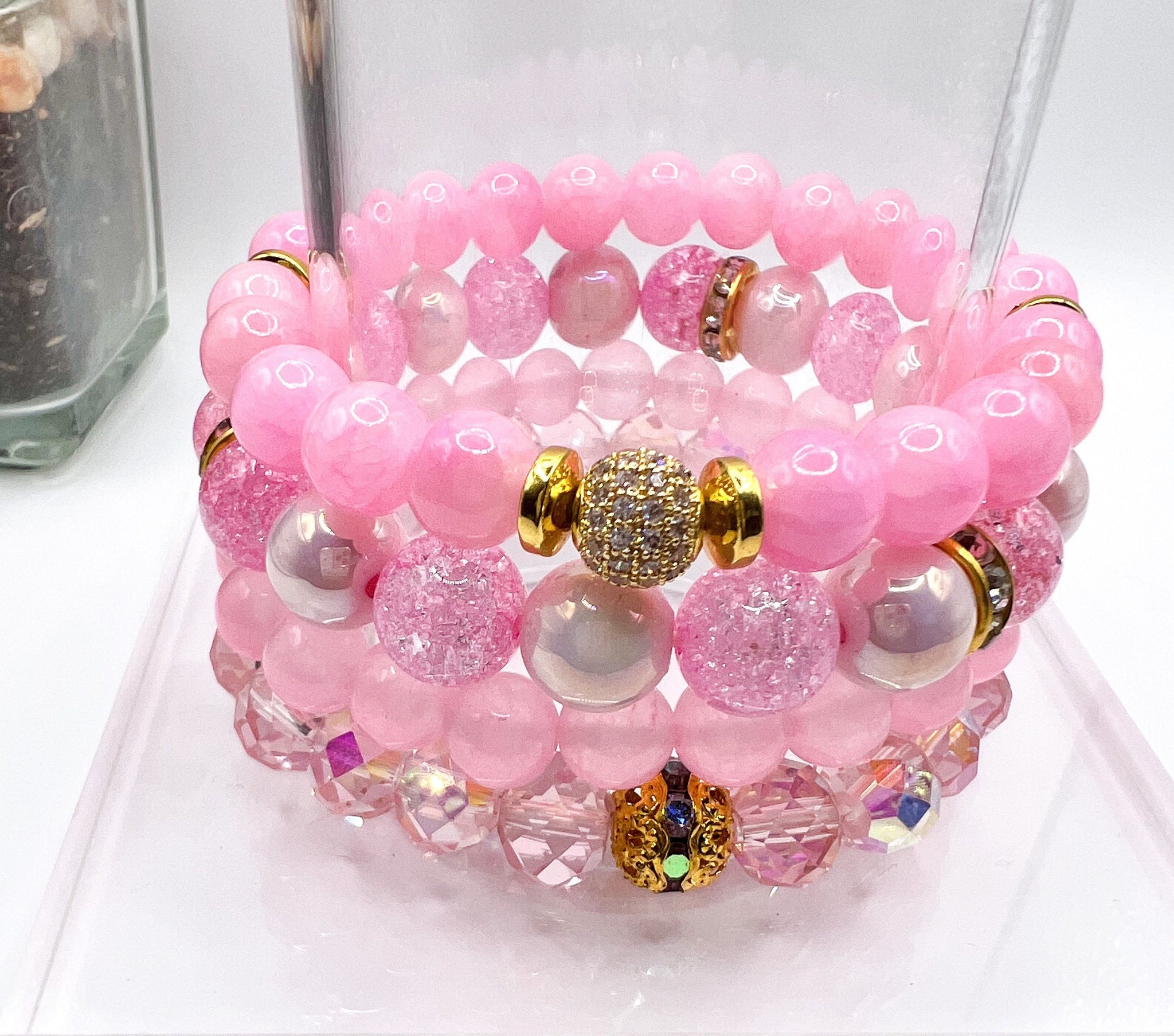 4pcs/set Tree Detail Heart Charm Pink Beaded Bracelet Women Bracelet  Stackable | eBay