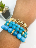 Blue Chalcedony & Black Agate Gemstones, Gold Stretch Beaded Bracelet Set -  6 piece