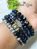 Black Glass Beaded Stacked 5 Piece Bracelet Set