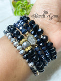 Black Glass Beaded Stacked 5 Piece Bracelet Set