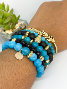 Blue Chalcedony & Black Agate Gemstones, Gold Stretch Beaded Bracelet Set -  6 piece