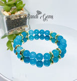 Blue Chalcedony & Black Agate Gemstones, Gold Stretch Beaded Bracelet Set -  6 piece