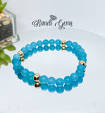 Blue Chalcedony & Black Agate Gemstones, Gold Stretch Beaded Bracelet Set -  6 piece