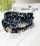 Black Glass Beaded Stacked 5 Piece Bracelet Set