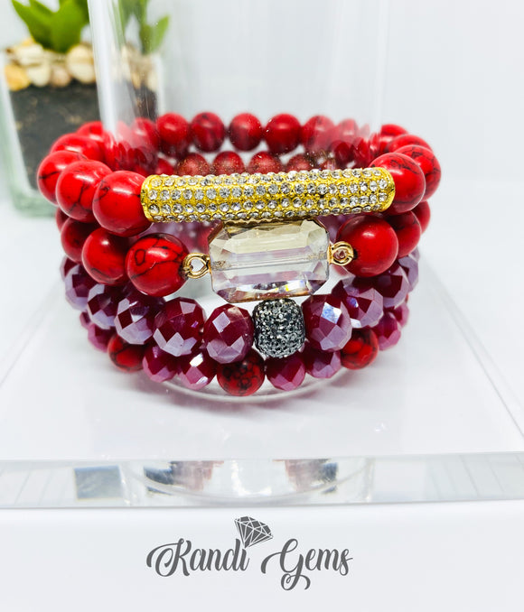 Red Howlite Beaded Stacked Bracelet Set