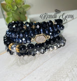 Black Glass Beaded Stacked 5 Piece Bracelet Set