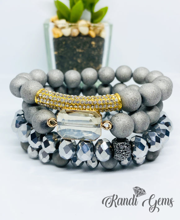 Platinum Silver Druzy Agate Beaded Stacked Bracelet Set