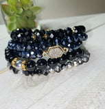 Black Glass Beaded Stacked 5 Piece Bracelet Set